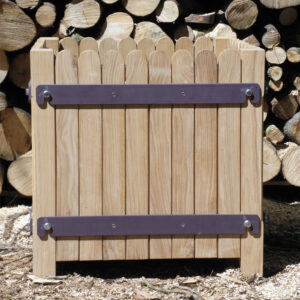 Traditional Campion wooden garden planter with scalloped top detailing, natural timber and contrasting metal bands.