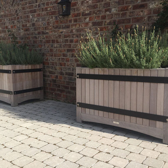 modern unpainted hardwood trough planters with black detail