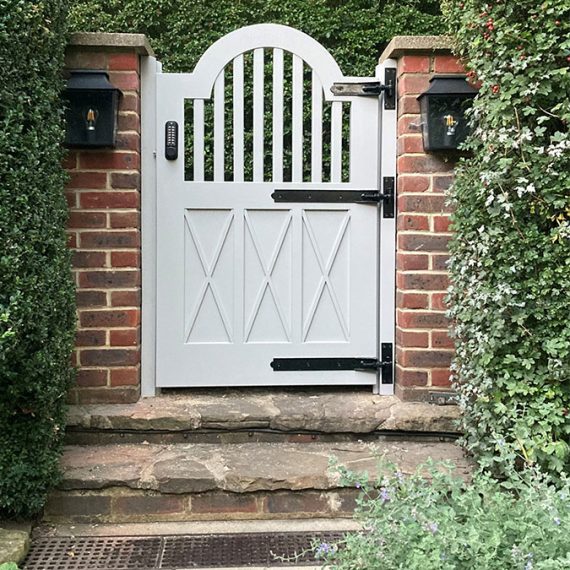 Bespoke Accoya decorative garden security gate with keypad lock
