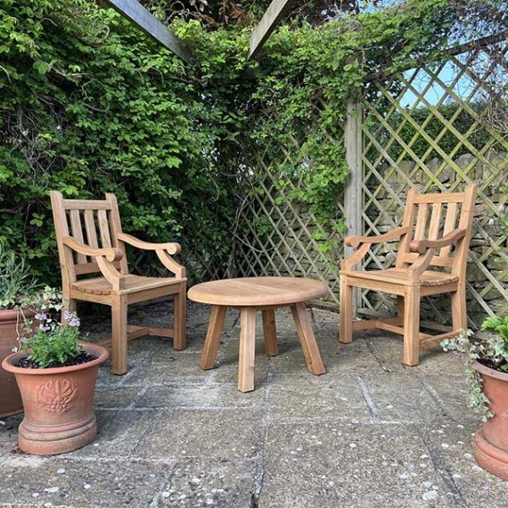 Bespoke Mawson inspired solid oak carver chairs and matching low round coffee table set