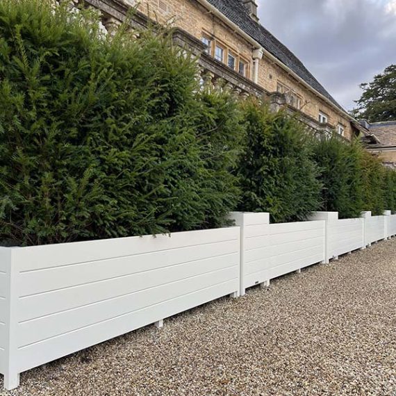 Large bespoke white wooden trough planters filled with evergreen hedging, lining a stone wall at a private Cotswold estate.