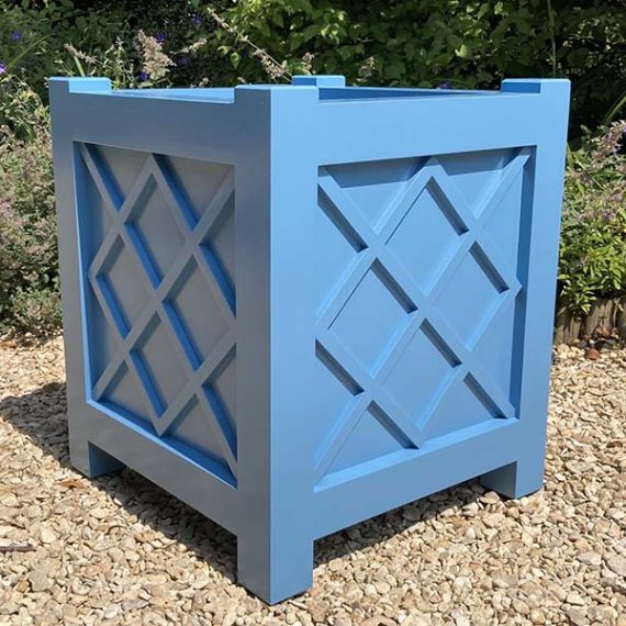 Bespoke made-to-order blue Accoya timber cube planter featuring a traditional Chinese Chippendale diamond lattice pattern design, handcrafted in the UK by Oxford Planters for luxury country gardens.