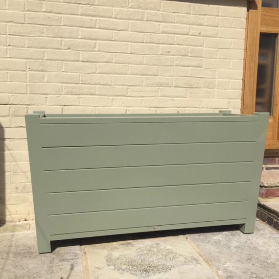 Bespoke tall tapered hardwood trough planter painted sage green, with horizontal slatted detailing and a contemporary design.