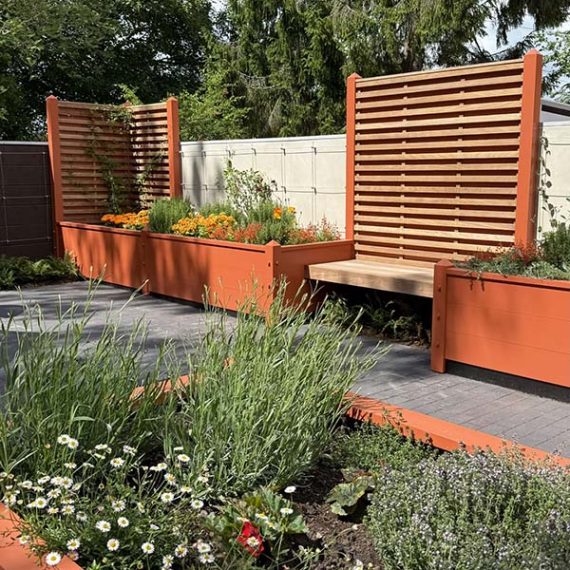 Large bespoke accoya made-to-order trough planters with trellis.
