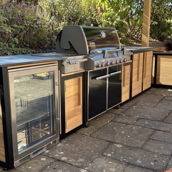ArtDeco Bespoke Handmade Outdoor Kitchen in Oak and blue metal frame.