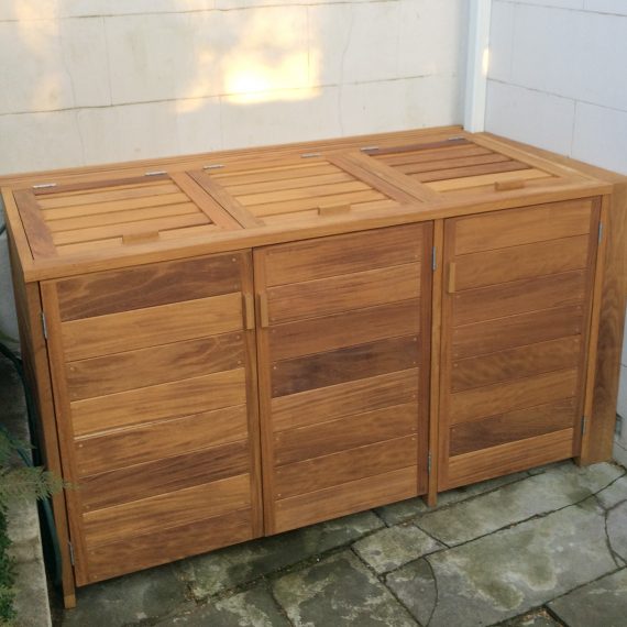 Louvred lid bin store for three wheely bins bespoke in iroko