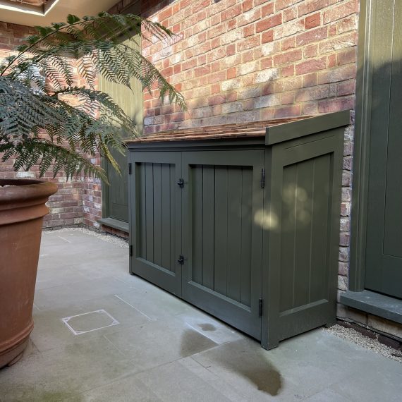 Painted Outdoor Cupboard with Cedar Shingle Roof, bespoke made to order in grey
