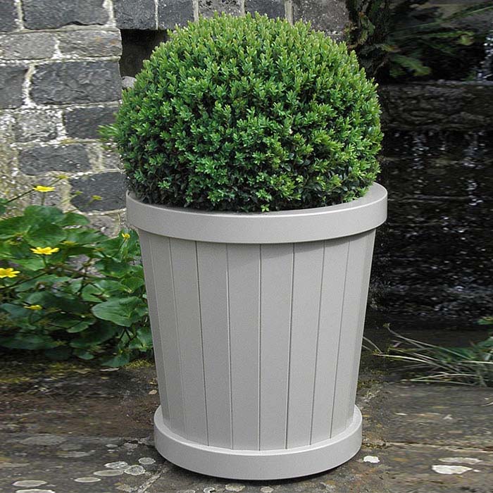 The barrel shaped Oriel planter in Accoya hardwood, painted in white