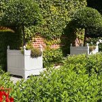 Luxury white hardwood Versailles planter boxes handcrafted with Accoya slatted timber panels and integral corner ball finials.