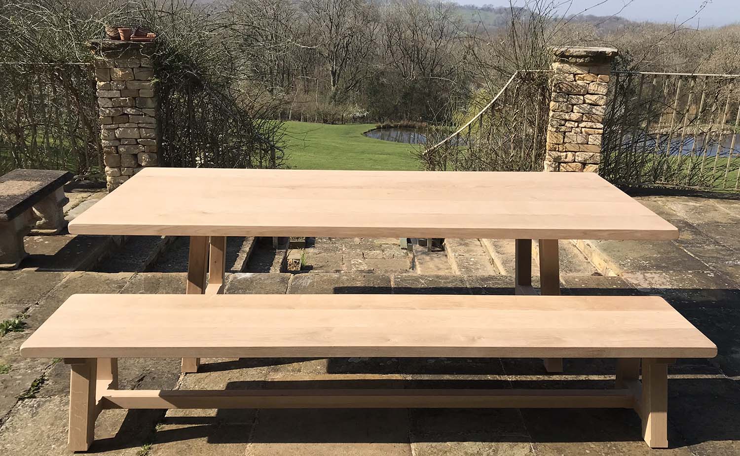 Country Hardwood Farmhouse Handmade Table and Bench Set Oak Farmhouse Table and Bench Oxford Planters