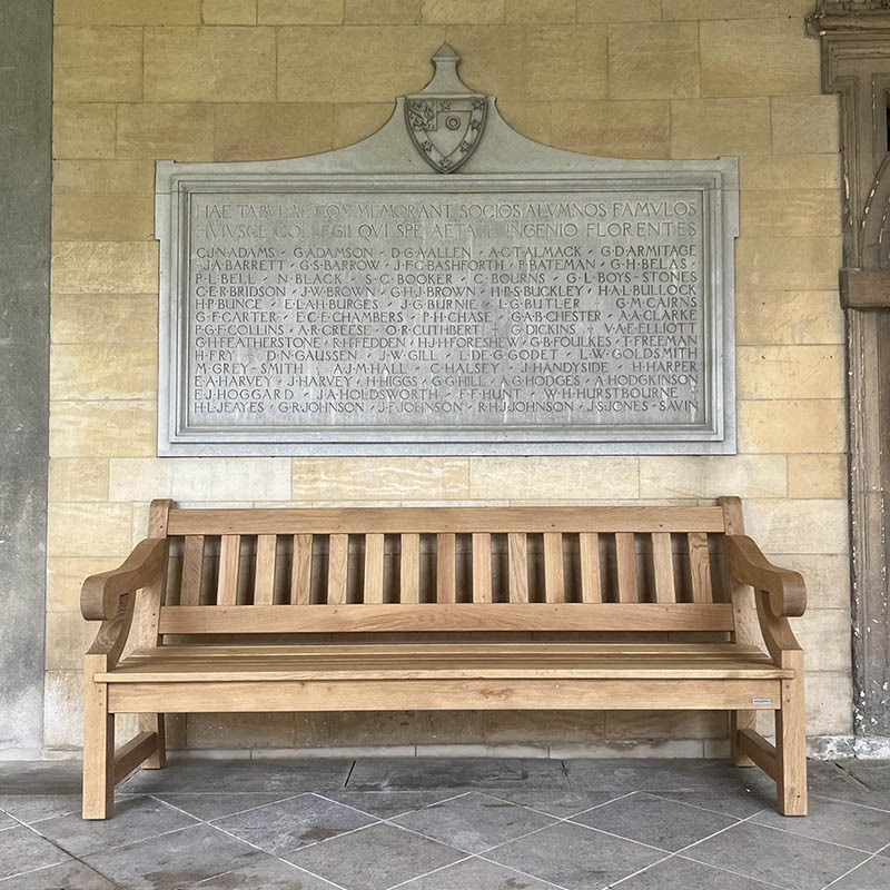 Handmade Dyffryn Bench at the University of Oxford in air-dried Oak.