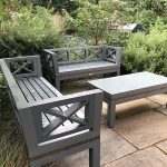 Arts and Crafts Bespoke Wooden Bench Slate grey painted timber garden seating set with cross-treillage backs and copper stud detailing