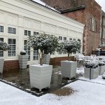 Painted Accoya wooden planters in winter snow on a private Guildford estate terrace