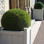Traditional painted Accoya wooden Hertford garden planters with clipped box ball topiary outside a stone country house.
