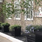 Tapered black Accoya heritage planters at a Kensington and Chelsea property in London