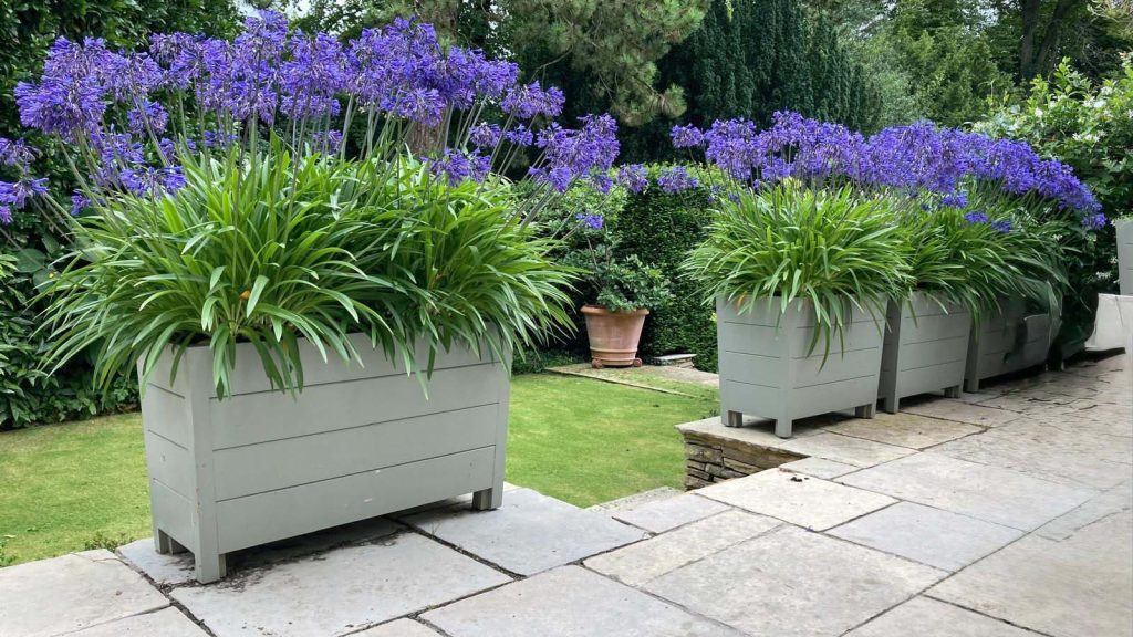 Wooden Trough Planters for Garden Terraces and Entrances Bespoke wooden tapered, narrow planters painted in green and made for garden terraces and luxury entrances.